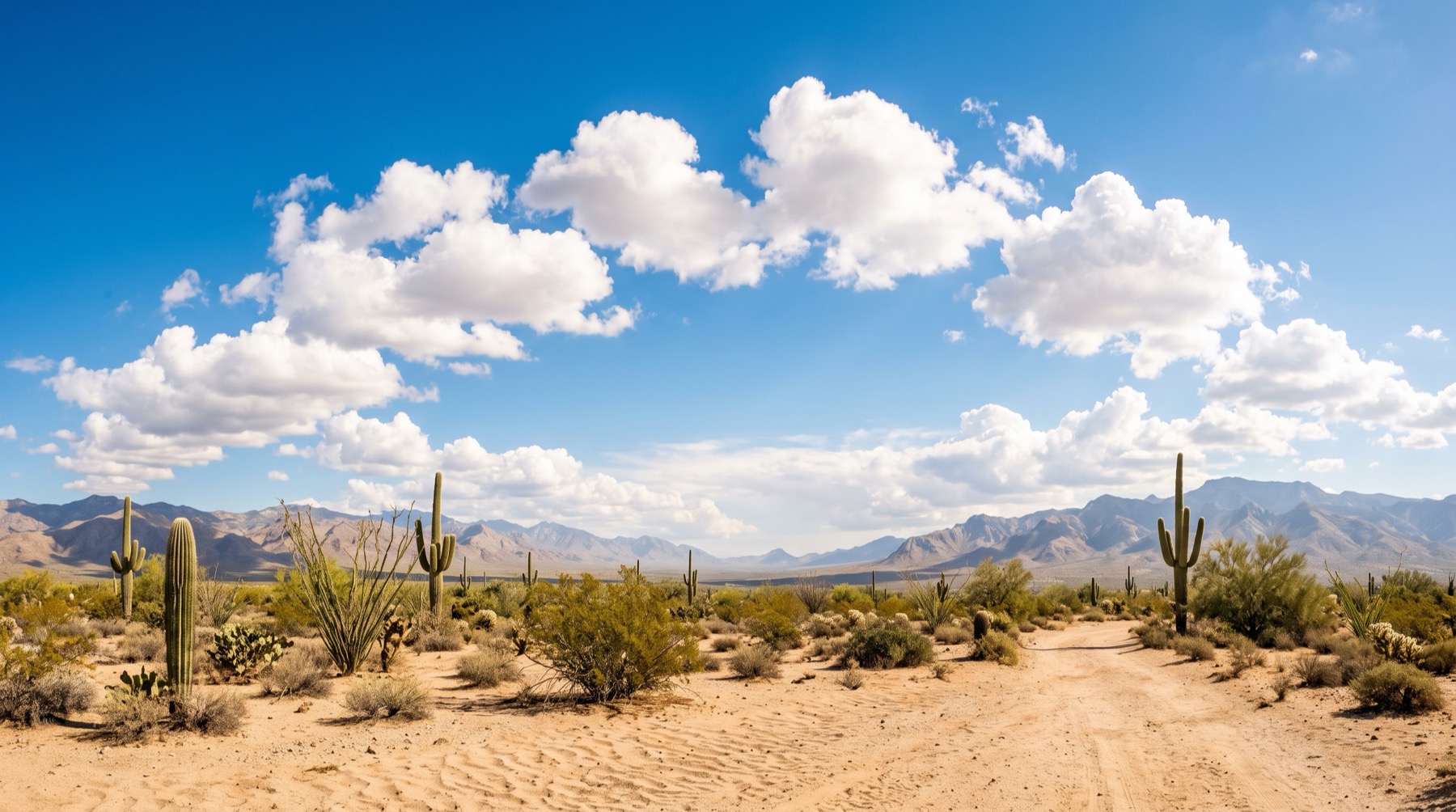 A dirt road through saguaro and creosote toward the mountains outside Phoenix, under a blue sky with white clouds